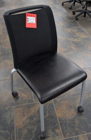 Black Vinyl Seat Mesh Back Silver Leg Mobile Stacking Guest Chairs - Used