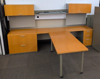 Harvest Cherry 7'x10' Desk Set w/ Mobile Table & Wall-Mount Hutches - Used