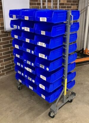 Standard Mobile Stackable Bin Organizer w/48 11” x 11” x 5" Blue Bins – Used