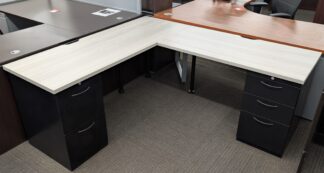 White Wood Grain 66"x72" L-Shape Desk Set w/ Black Pedestals & Legs - Used