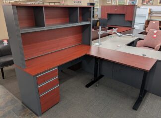 Cherry/Charcoal 71"x71" L-Shape Desk Set w/ Hutch & Height Adj. Table - Used