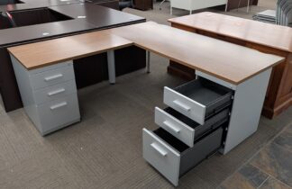 Walnut 6'x6' L-Shape Desk Set w/ 2 Silver B/B/F Pedestals - Used