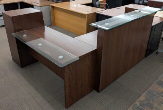 Walnut 80"x89" Reception Station w/ Cabinet & Glass Transaction Tops - Used