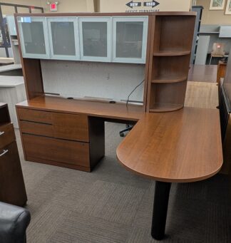 Cherry 90"x66" Peninsula L-Shape Desk Set w/ Hutch & Corner Bookcase - Used