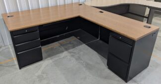 HON 38000 Series Medium Oak Top Black Steel Chassis Desk Set - Used