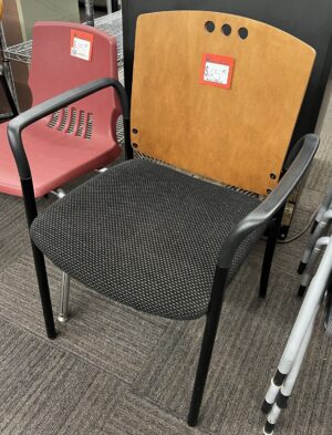 Black Patterned Fabric Seat w/ Veneer Back Visitor/Stack Chair w/ Arms - Used