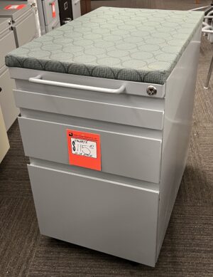 Haworth Silver 15"x23"x25"H Mobile Drawer Pedestal w/ Green Patterned Fabric Cushion - Used