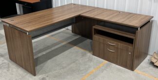 Modern Walnut Desk w/ Return and Silver Steel Perforated Modesty Panel - Used