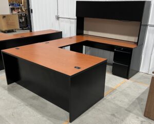 Alternative view of HON Henna Cherry w/ Black Steel Chassis U-Shaped Desk Set w/ Hutch - Used
