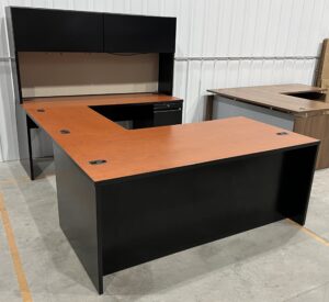 HON Henna Cherry w/ Black Steel Chassis U-Shaped Desk Set w/ Hutch - Used