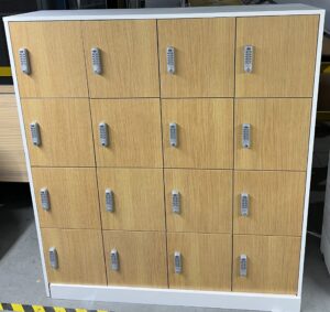 15"x18"x64"H 4-Tier 16-Door Harvest Cherry w/ White Trim Lockers - Used