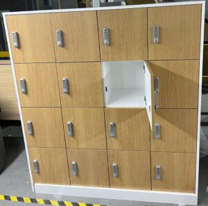 Alternative view of 15"x18"x64"H 4-Tier 16-Door Harvest Cherry w/ White Trim Lockers - Used