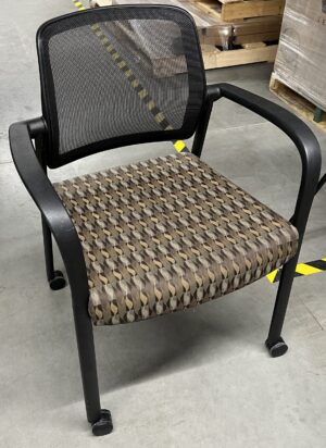 All-Steel Patterned Brown Fabric Seat w/ Mesh Back Stack Chair w/ Casters and Arms - Used