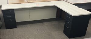 White Wood Grain 8'x6' L-Shaped Desk Set w/ 2 Black B/B/F's - Used