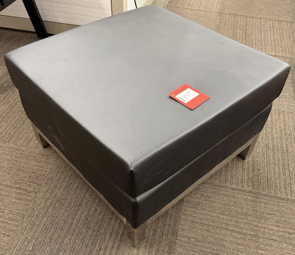 Black Leather Ottoman w/ Silver Post Legs - Used