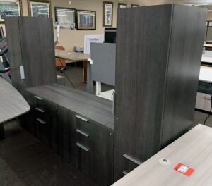 Alternative view of Dark Gray Wood Grain Laminate Tapered Table Desk Set w/ Modesty Panel - Used