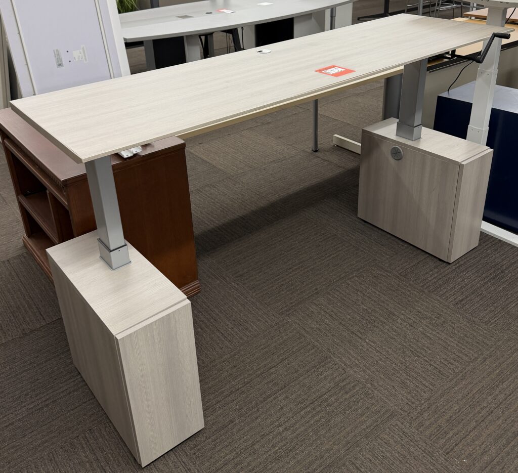 Manual Crank Adjustable Height Desk w/ Integrated Storage Cabinets - Used