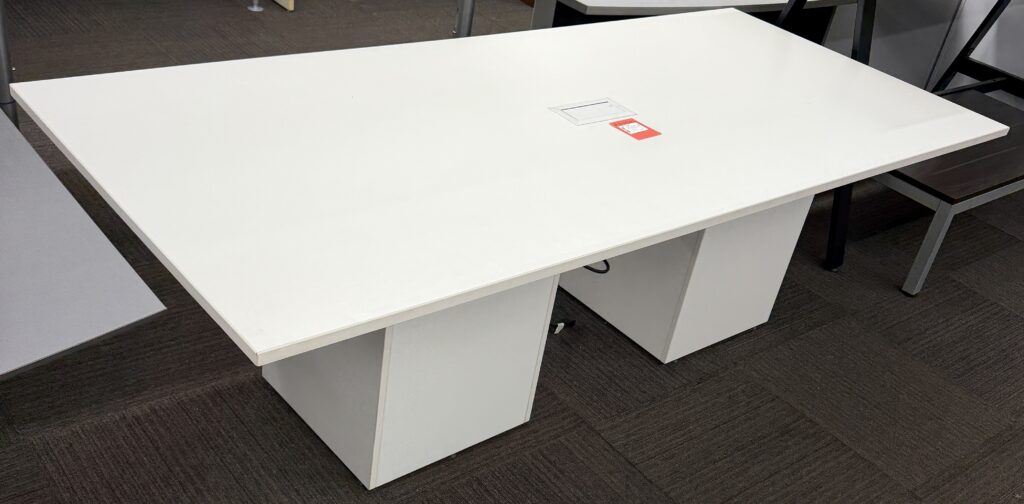 Modern White Rectangular Conference Table with Dual Cube Pedestal Bases - Used