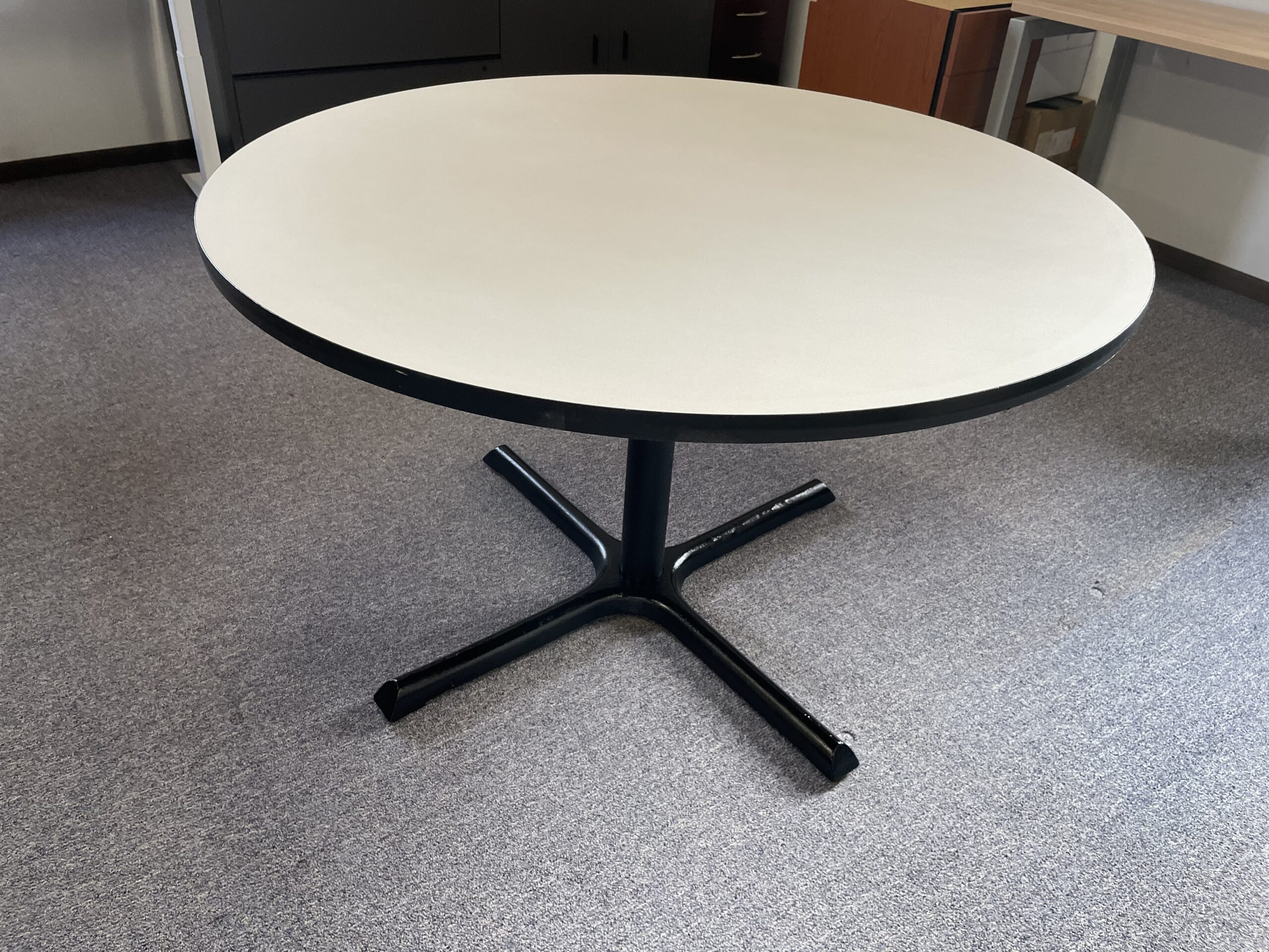 48" Round Tables with Beige Top & Repainted Black X-Brace - Used