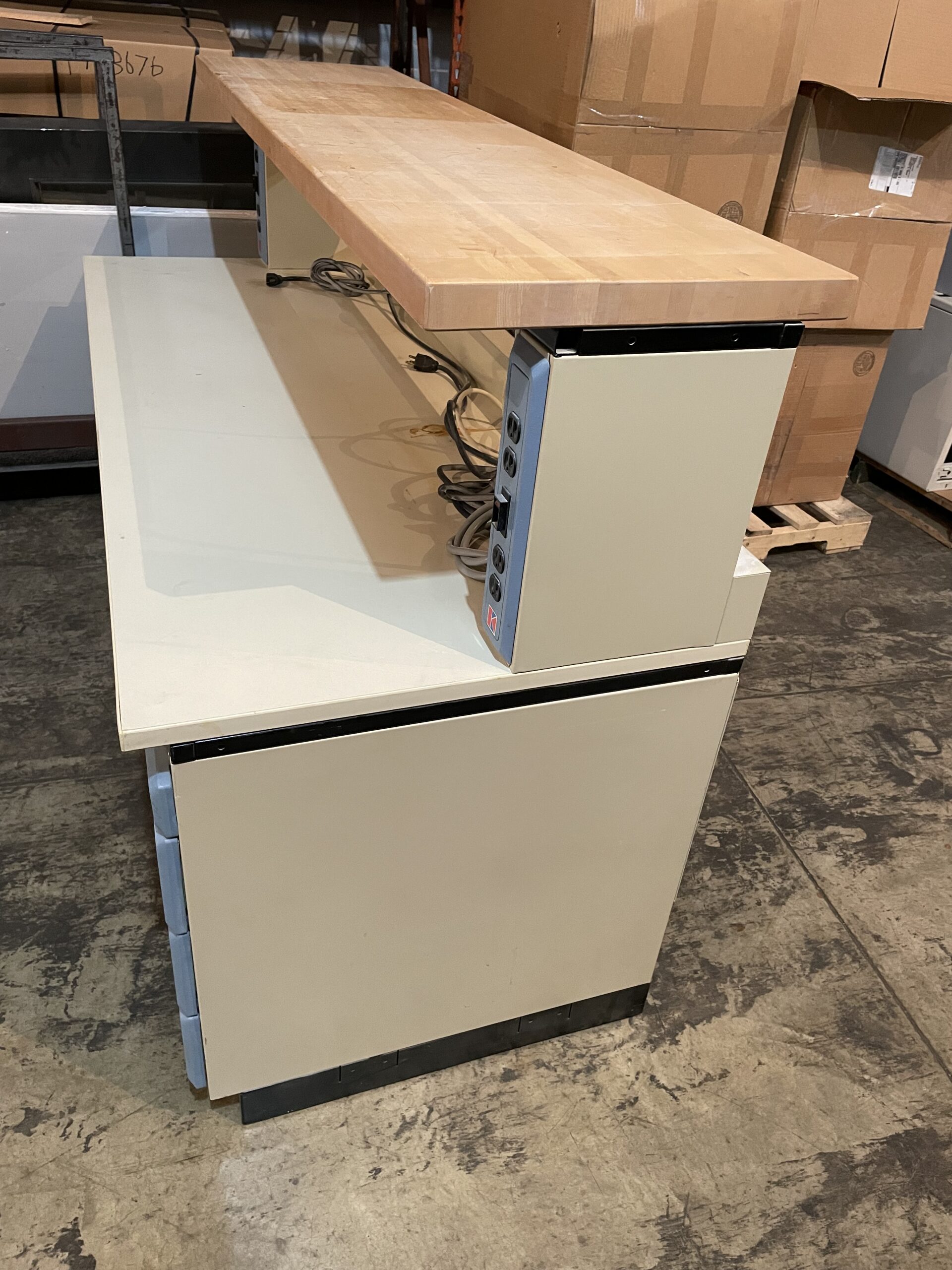 Sturdilite Butcher Block Top Lab Bench 30”x72”x31” tall w/2 Drawer Peds & Hutch - Used - Image 3