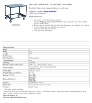 Jamco 36”x72” LV472 Mobile Top Shelf Table with Angle Frame Bottom – New Surplus - Image 3