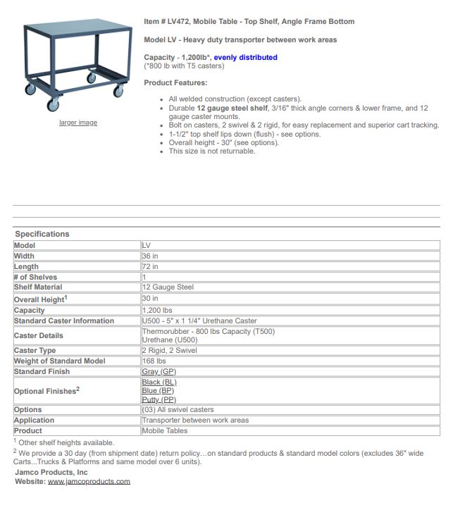 Jamco 36”x72” LV472 Mobile Top Shelf Table with Angle Frame Bottom – New Surplus - Image 3